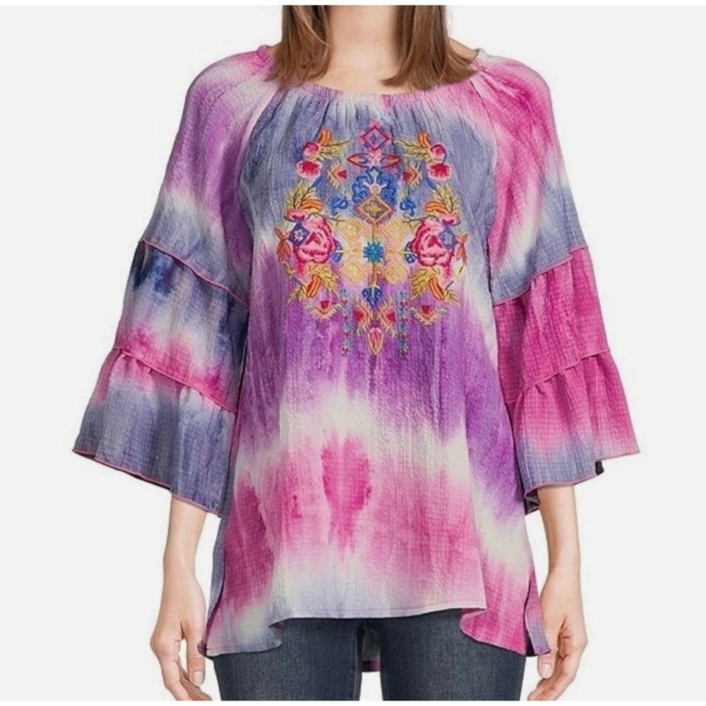 Calessa Tie Dye Embroidered Bell Sleeve Top Sie 1X